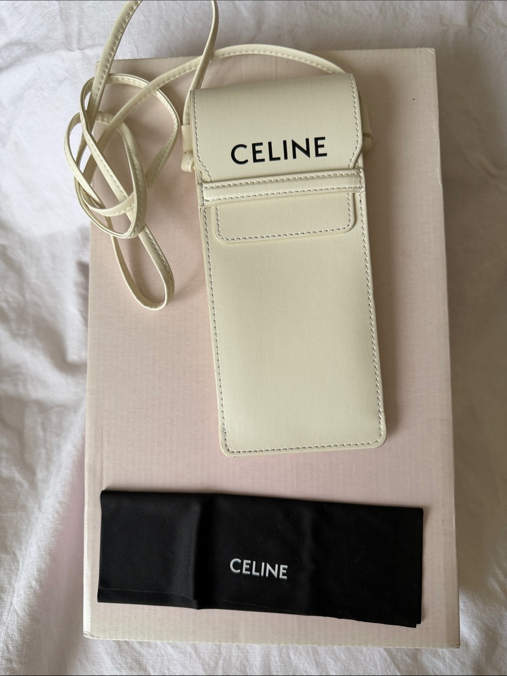 Celine branded Cream Leather Crossbody Phone Pouch with Strap